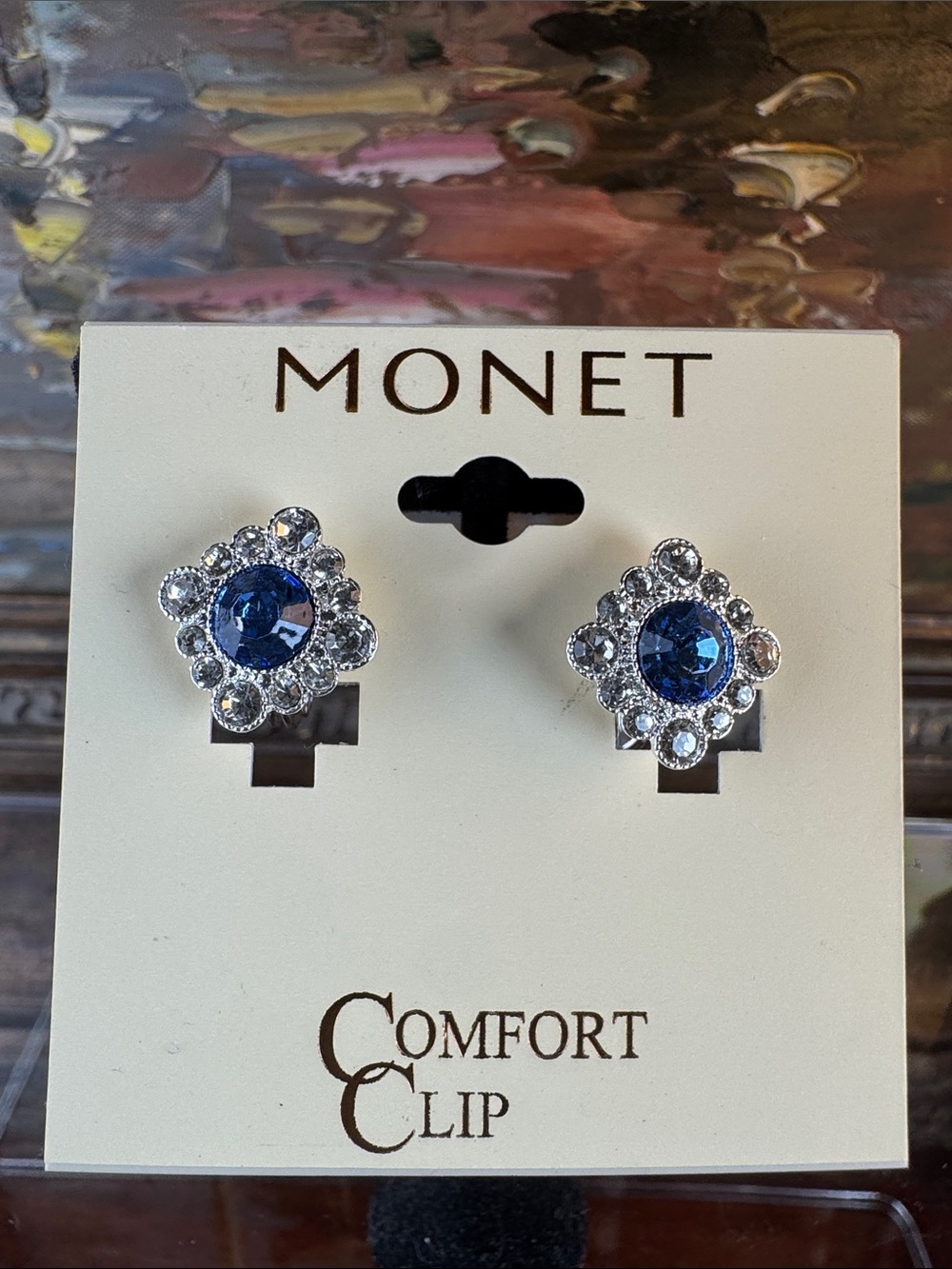 0493-Monet Navy Blue‎ Crystal Comfort Clip-on Silver tone Earrings